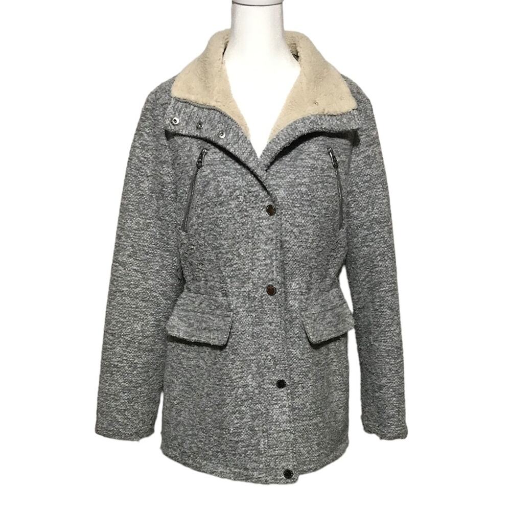 Nautica Light Gray Wool Blend Sherpa Tweed Winter Pea Coat Women’s Size Small